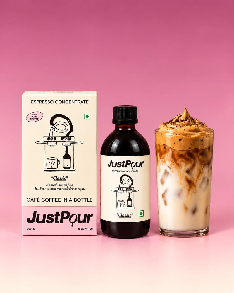 JustPour Classic espresso concentrate box and bottle with iced Dalgona coffee