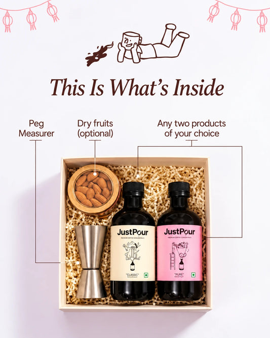 What is inside the JustPour Diwali Gift Box: a peg measurer, optional dry fruits and any two bottles of your choice